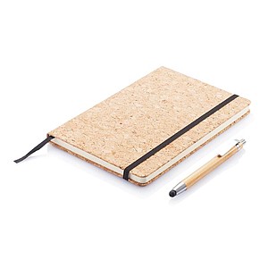 Eko zápisník s obalem z korku včetně bambusového pera se stylusem - reklamní předměty