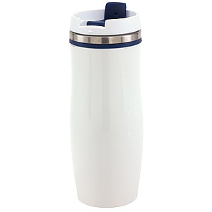 GAMA Bílý nerezový termohrnek s barevným pruhem, 400 ml, tmavě modrá