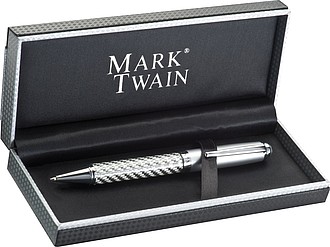 Guľôčkové pero s modrou náplňou v krabičke, značka Mark Twain