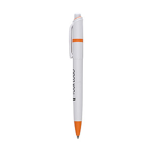 Jednoduché tlačidlové pero s farebným krúžkom a hrotom. Modrá náplň. Kombinácia biela/oranžová.