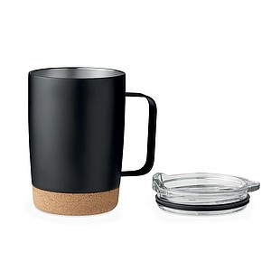 KADIR Dvoustěnný nerezový termohrnek s víčkem a korkovým dnem, 300 ml, černá