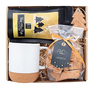 Kávová dárková sada obsahující hrnek, kávu Costa Rica (40 g), řemeslné cantuccini (100 g) a vánoční klíčenku
