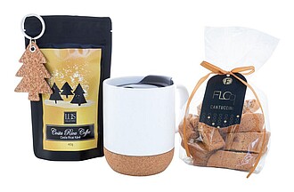 Kávová dárková sada obsahující hrnek, kávu Costa Rica (40 g), řemeslné cantuccini (100 g) a vánoční klíčenku