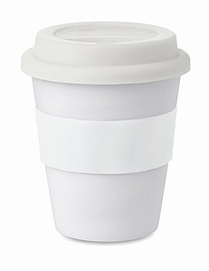 Kelímek se silikonovým úchopem a víčkem, 350 ml, bílý - reklamní hrnky