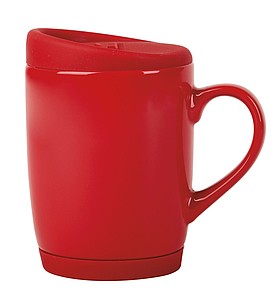 Keramický hrnek, 350ml, se silikonovým víčkem a podstavcem, červený