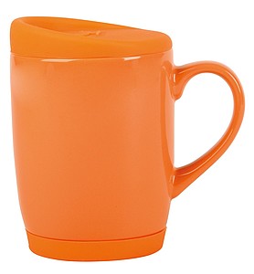 Keramický hrnek, 350ml, se silikonovým víčkem a podstavcem, oranžový