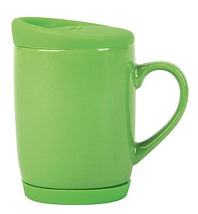 Keramický hrnek, 350ml, se silikonovým víčkem a podstavcem, zelený