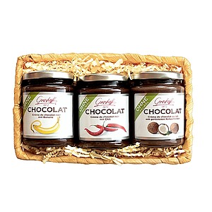 KOBATCHI Dárková sada čokoládového krému s banánem, čokoládového krému s chilli a čokoládového krému s kokosem
