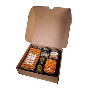 KOLPAN Darčeková sada - olivy, tyčinky, cibuľky, trhané bravčové mäso s panchetou, ryžové krekry v chili