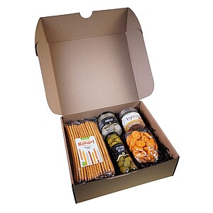 KOLPAN Dárková sada - olivy, tyčinky, cibulky, trhané vepřové maso s panchetou, rýžové krekry v chilli