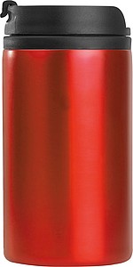 Kovový cestovný termohrnček s viečkom, vo vnútri plastový, objem 250 ml, červený