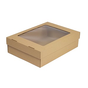 Kraftová krabička s priehľadným okienkom vo viečku, rozmer 330x230x90 mm, hnedá