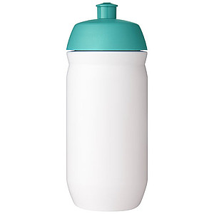 Láhev na pití 500ml, tělo je bílé z pružného plastu, víčko je tyrkysové