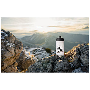 Láhev na pití 500ml, tělo je matně čiré z měkkého plastu, víčko je růžové