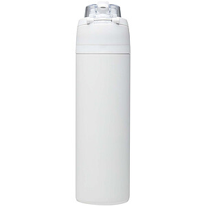 Láhev na vodu Theron 800 ml z recyklované nerezové oceli s jednoduchou stěnou, vybavená víčkem s dvojí funkcí a sklopnou brčk, bílá