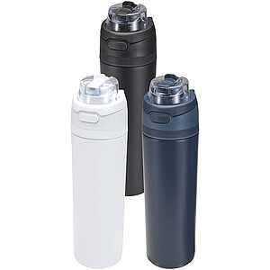 Láhev na vodu Theron 800 ml z recyklované nerezové oceli s jednoduchou stěnou, vybavená víčkem s dvojí funkcí a sklopnou brčk, bílá