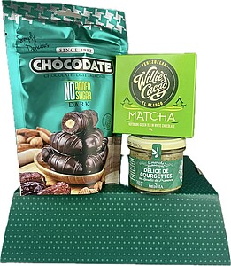 MACUDAS Dárková sada dubajských čokodatlí, bílé čokolády Matcha s Kotobuki greentea a Meditea pochoutky z cuket