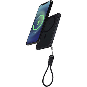 Magnetická powerbanka SMART o kapacitě 5000 mAh z recyklovaného plastu s poutkem, černá