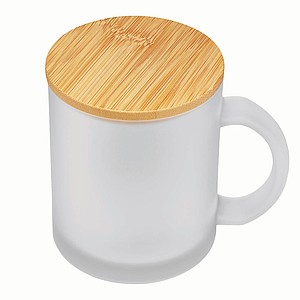 Matný sklenený hrnček s uškom a bambusovým viečkom, 330 ml