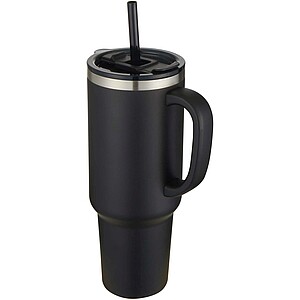 Medený vákuovo izolovaný termohrnček s slamkou a dvojitou stenou 1200ml, čierna