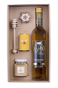 MEDOPAS Dárková sada Medoviny z Potštejna, květového medu, paličky na med, medového perníčku, motané svíčky a špendlíku Včela