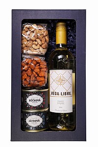 MŇAMKA Sada obsahující bílé víno, kešu s česnekem a rozmarýnem 100 g, arašídy v karamelu s chilli 100 g, játrovou paštiku 190 g a bůčkovou paštiku 180 g, v dárkové krabici