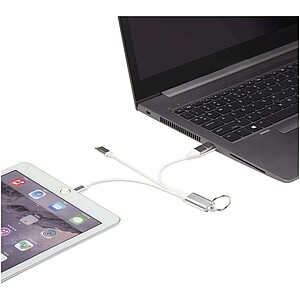 Nabíjecí kabel 4v1 z recyklovaného hliníku s klíčenkou, stříbrný
