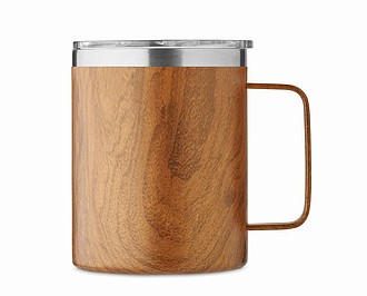 Nerezový dvoustěnný hrnek v dřevěném vzhledu, 300ml, plastové víčko