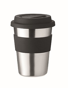 Nerezový pohárik so silikónovým úchopom, objem 350ml, čierna