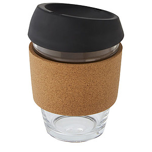 PELAR Skleněný hrnek s korkovým rukávem, 360 ml, černá