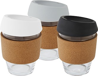 PELAR Skleněný hrnek s korkovým rukávem, 360 ml, šedá