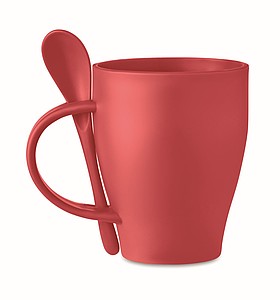 Pevný plastový hrnek se lžičkou, objem 300ml, červená - reklamní hrnky