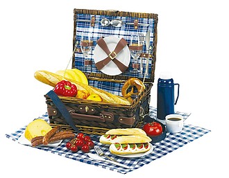 piknikový kôš s porcelánovým riadom, pre 2 osoby, biela, modrá