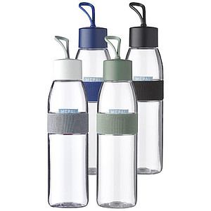 Plastová láhev na vodu, 500ml, transparentní s modrým víčkem a rukávem