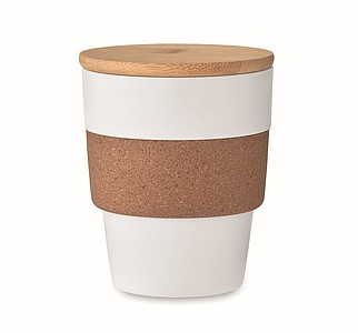 Plastový kelímek 300ml, s korkovým rukávem a bambusovým víčkem, bílý - reklamní hrnky
