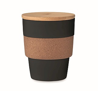 Plastový kelímek 300ml, s korkovým rukávem a bambusovým víčkem, černý