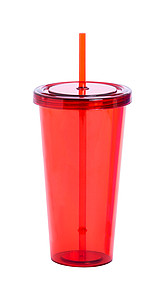 Plastový kelímek na pití s víčkem a brčkem, 750ml, transparentní červený