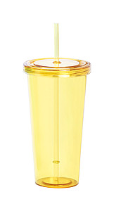 Plastový kelímek na pití s víčkem a brčkem, 750ml, transparentní žlutý