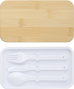 Plastový lunchbox s bambusovým víkem, 2 oddíly po 400ml, s příborem, bílý - reklamní předměty