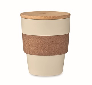 Plastový pohár 300ml, s korkovým rukávom a bambusovým viečkom, béžový
