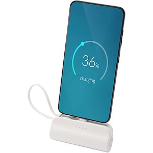 Powerbanka 5000 mAh 10W z recyklovaného plastu s konektorem typu C, výklopným stojánkem a kabelem 2 v 1, bílá