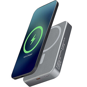 Přenosná nabíječka Avis 10 000 mAh z recyklovaného hliníku s magnetickým připojením, šedá