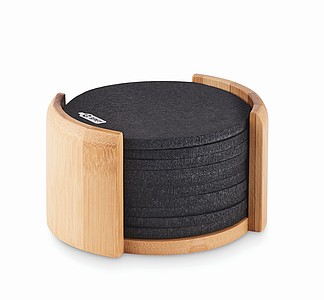 Sada 10 podtácků vyrobených z RPET plsti v bambusovém držáku. - reklamní ubrusy