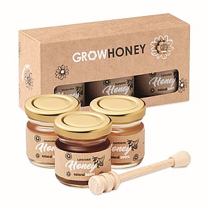 Sada tří medů a naběračky na med v dárkové krabičce - reklamní předměty
