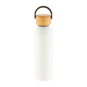 SANGAY Hliníková sportovní láhev s bambusovým víčkem, 600 ml, bílá - reklamní předměty