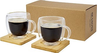 SAVANA Sada dvoch sklenených dvojstenných hrnčekov s bambusovými podložkami, 250 ml