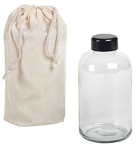 sklenená fľaša na pitie, 550 ml, s bavlneným vreckom