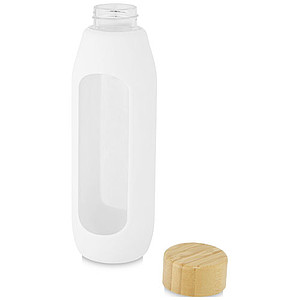 Skleněná láhev, 600ml, s bambusovým víčkem a bílým silikonovým obalem