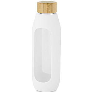 Skleněná láhev, 600ml, s bambusovým víčkem a bílým silikonovým obalem