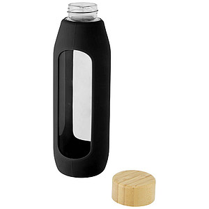 Skleněná láhev, 600ml, s bambusovým víčkem a černým silikonovým obalem